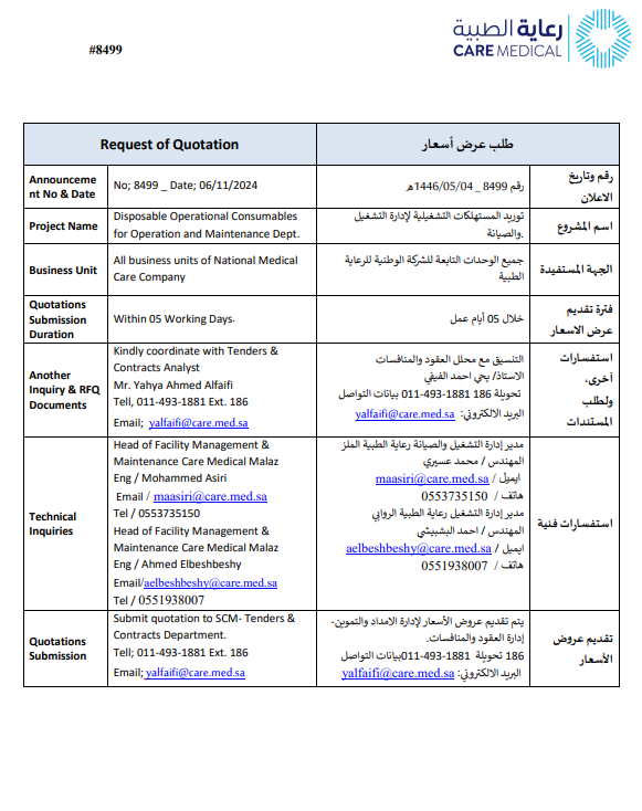 Disposable Operational Consumables for Operation and Maintenance Dept.